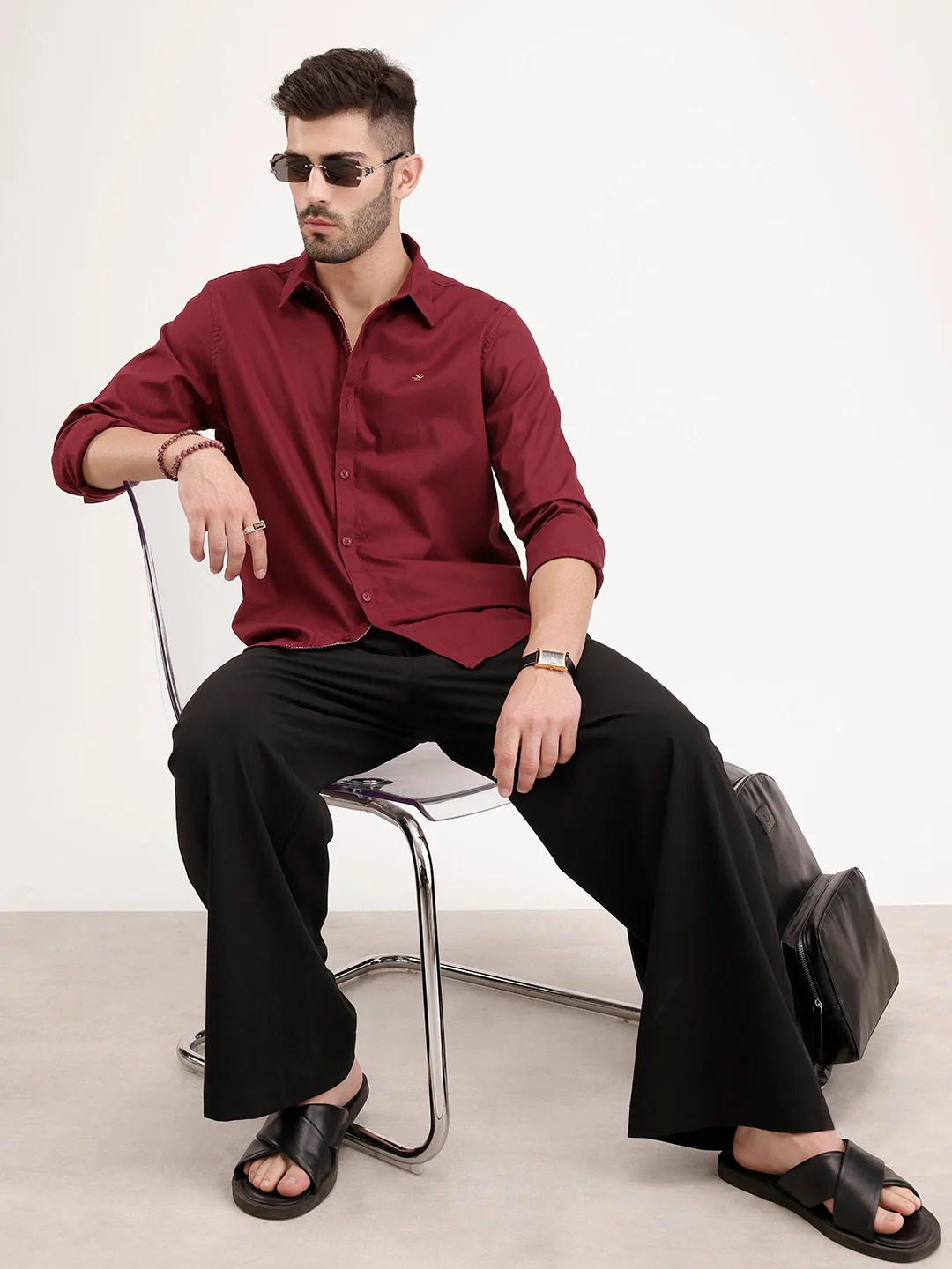 Solid Slim Fit 100% Cotton Shirt | Maroon - Image 2