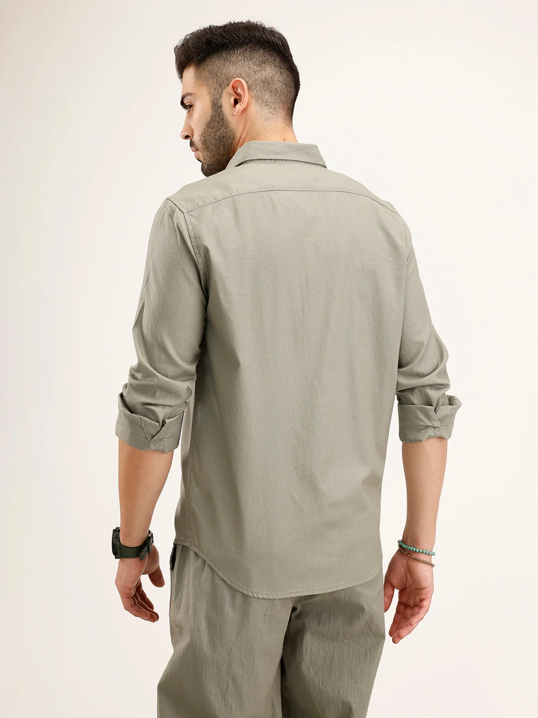 Solid Slim Fit 100% Cotton Shirt | Olive - Image 3