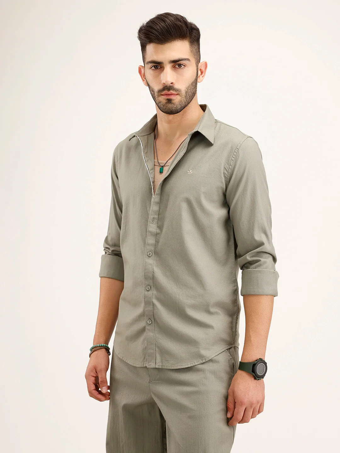 Solid Slim Fit 100% Cotton Shirt | Olive - Image 4
