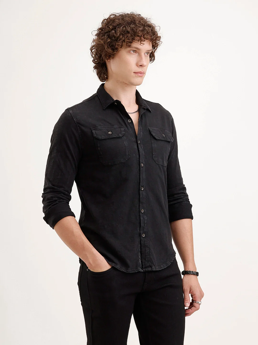 Solid Slim Fit Double Pocket Shirt | Black - Image 4