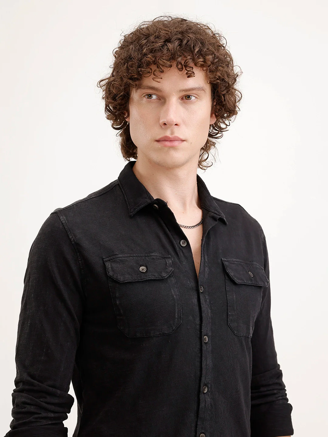 Solid Slim Fit Double Pocket Shirt | Black - Image 5