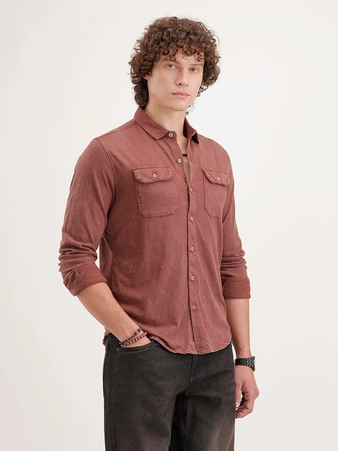 Solid Slim Fit Double Pocket Shirt | Rust - Image 4