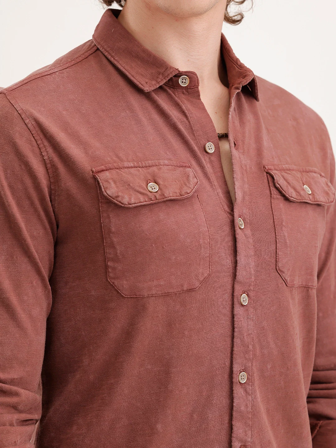 Solid Slim Fit Double Pocket Shirt | Rust - Image 5