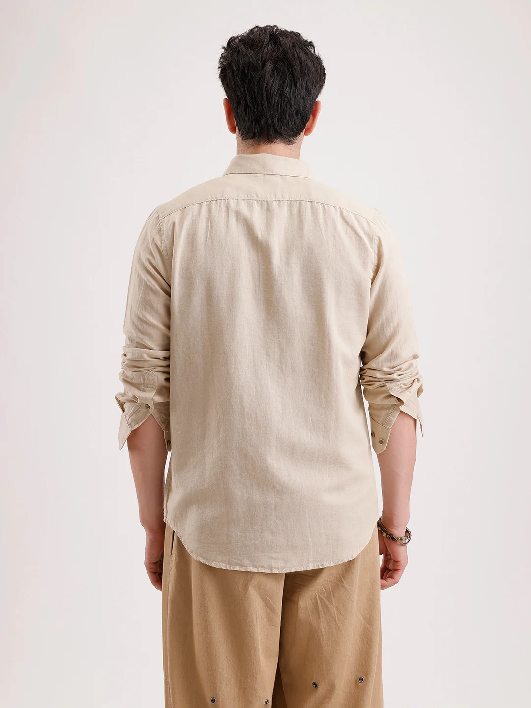 Solid Slim Fit Linen Blend Shirt  | Khaki - Image 3
