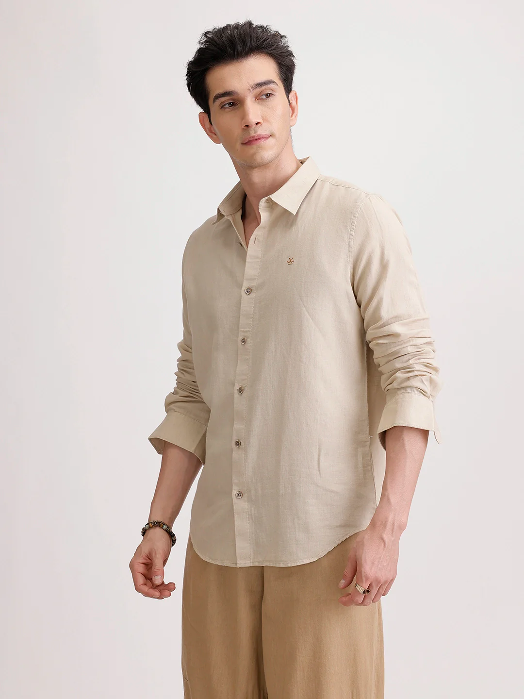 Solid Slim Fit Linen Blend Shirt  | Khaki - Image 4