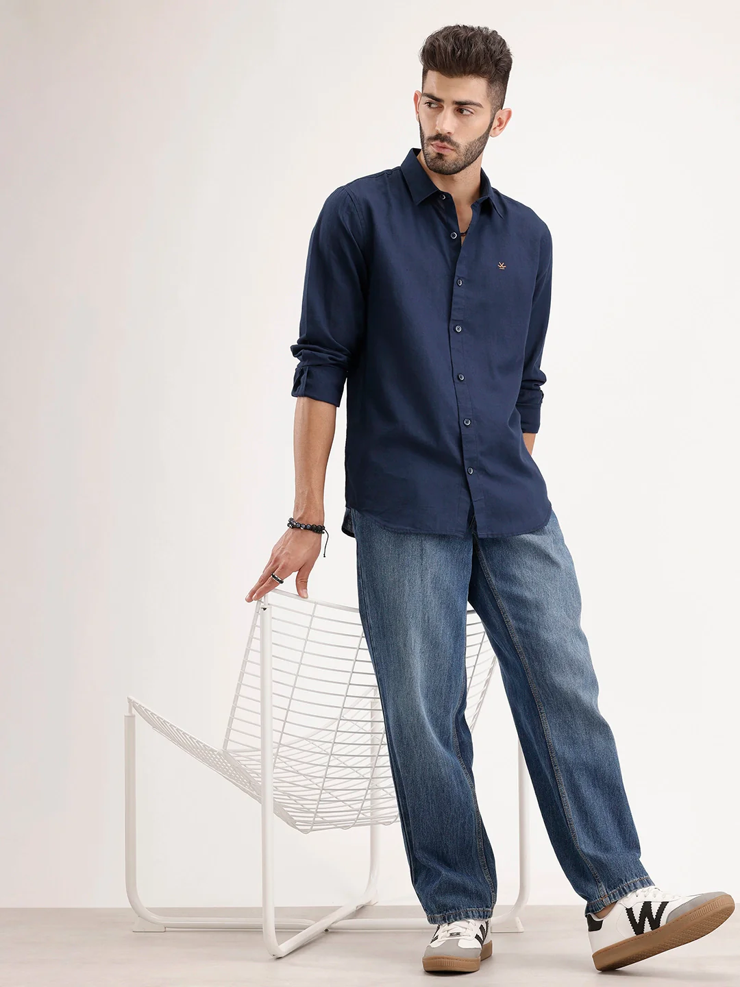 Solid Slim Fit Linen Blend Shirt | Navy - Image 2