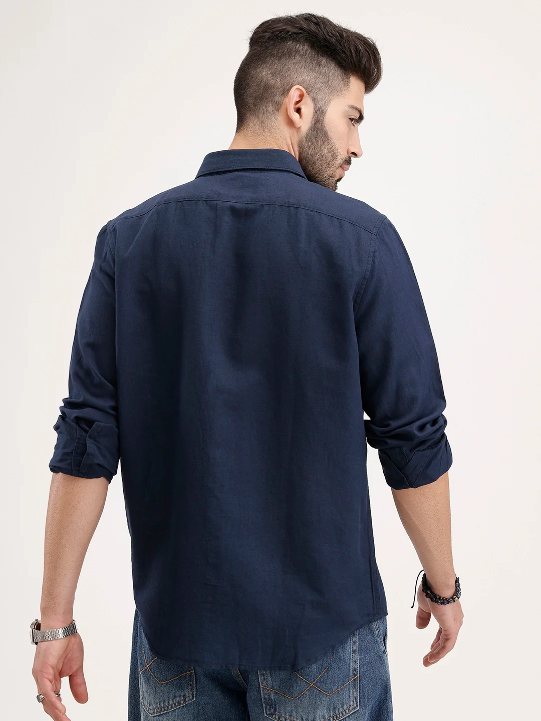 Solid Slim Fit Linen Blend Shirt | Navy - Image 3
