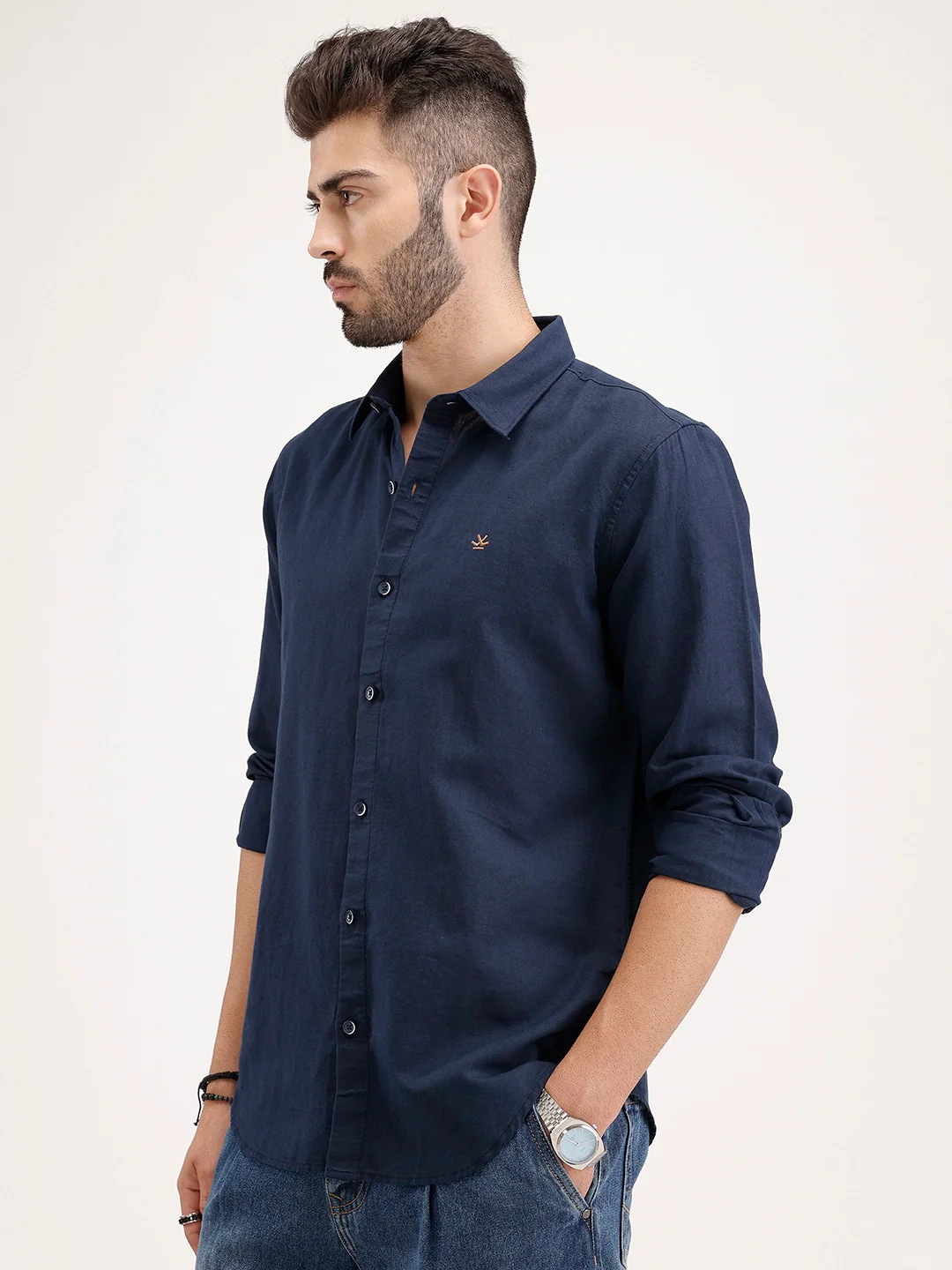 Solid Slim Fit Linen Blend Shirt | Navy - Image 4