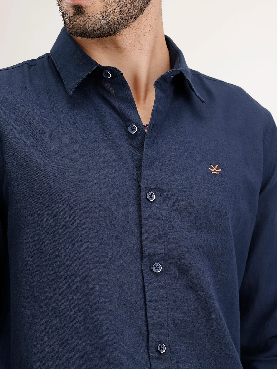 Solid Slim Fit Linen Blend Shirt | Navy - Image 5