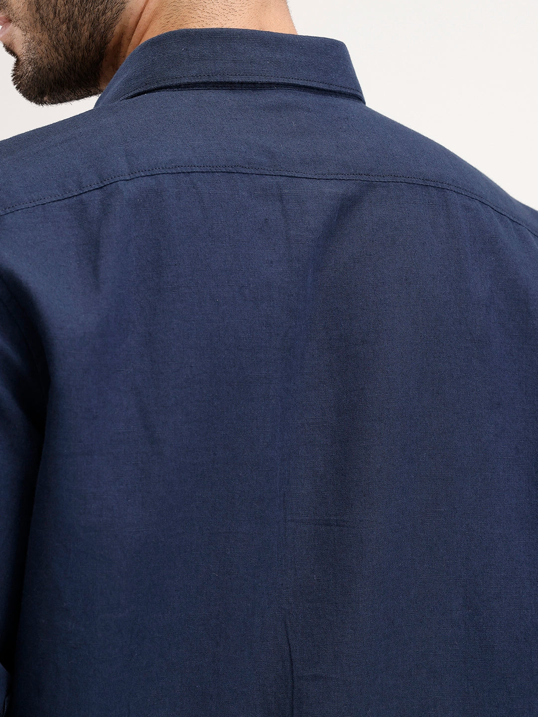 Solid Slim Fit Linen Blend Shirt | Navy - Image 6