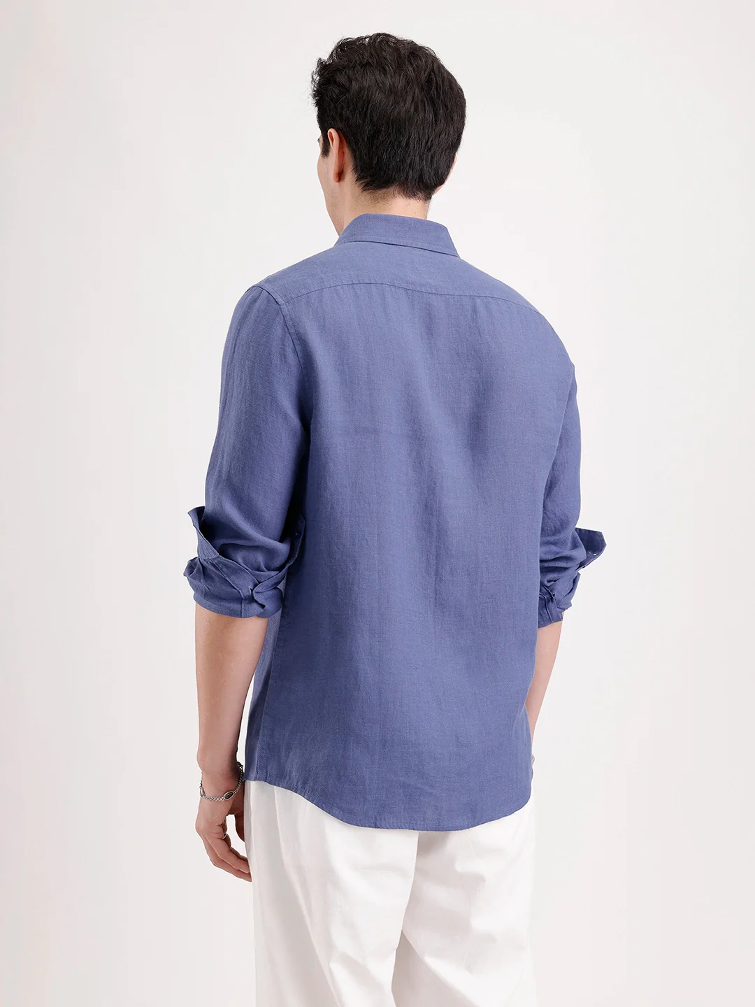 Solid 100% Linen Slim Fit Shirt | Navy - Image 3