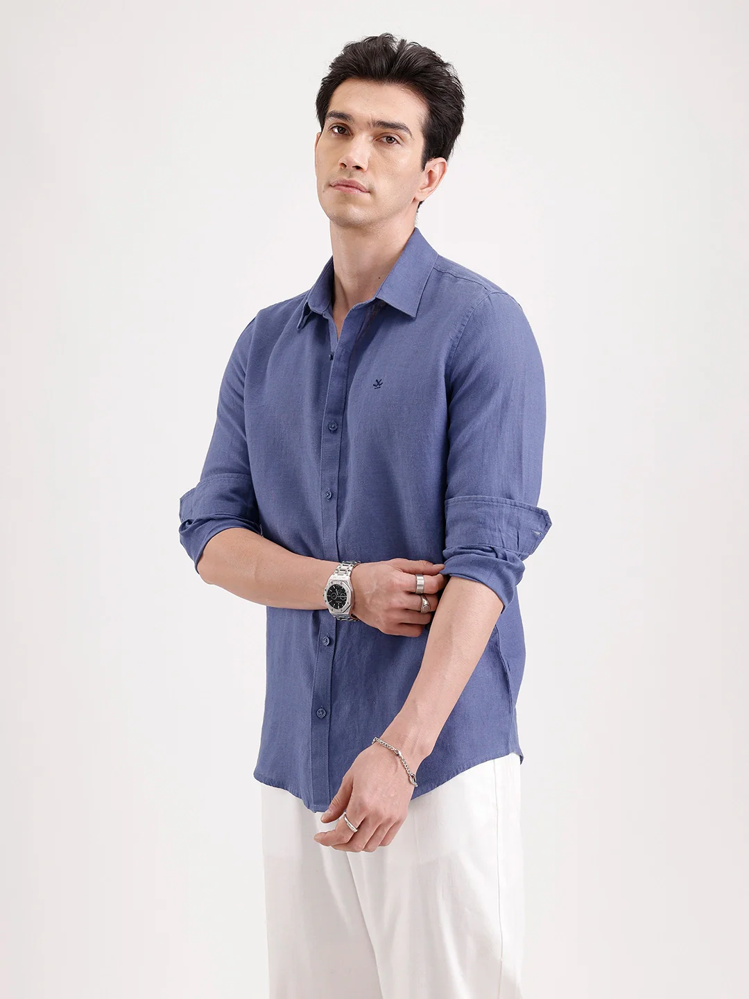 Solid 100% Linen Slim Fit Shirt | Navy - Image 4