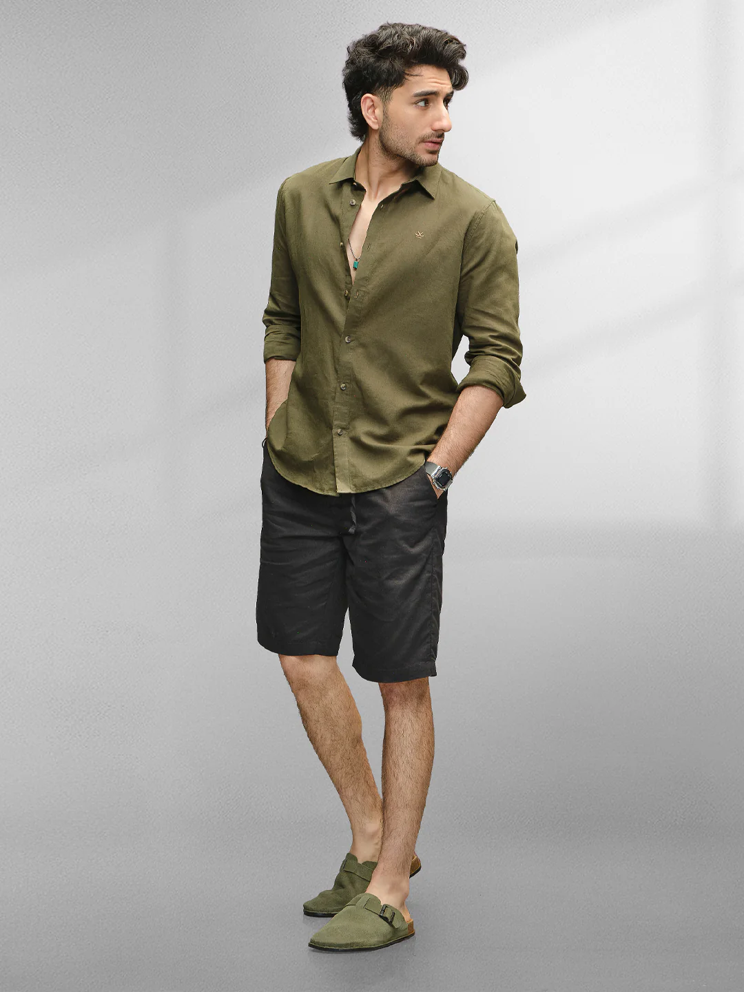 Solid Slim Fit Linen Blend Shirt  | Olive - Image 2