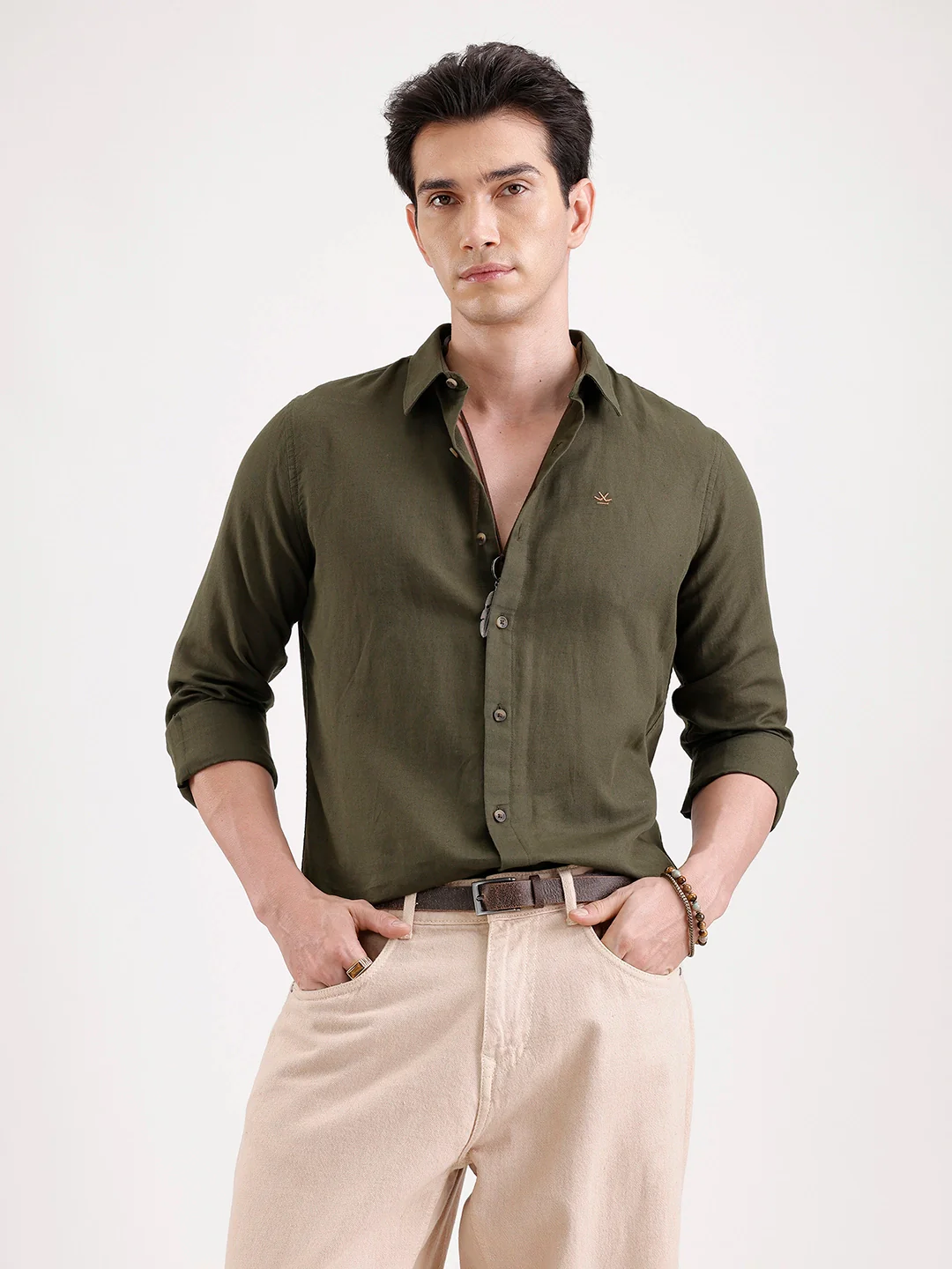 Solid Slim Fit Linen Blend Shirt  | Olive - Image 3
