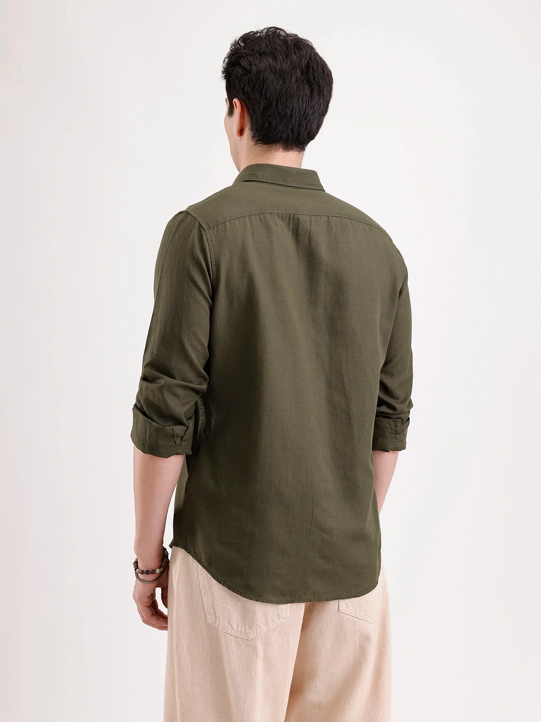 Solid Slim Fit Linen Blend Shirt  | Olive - Image 5