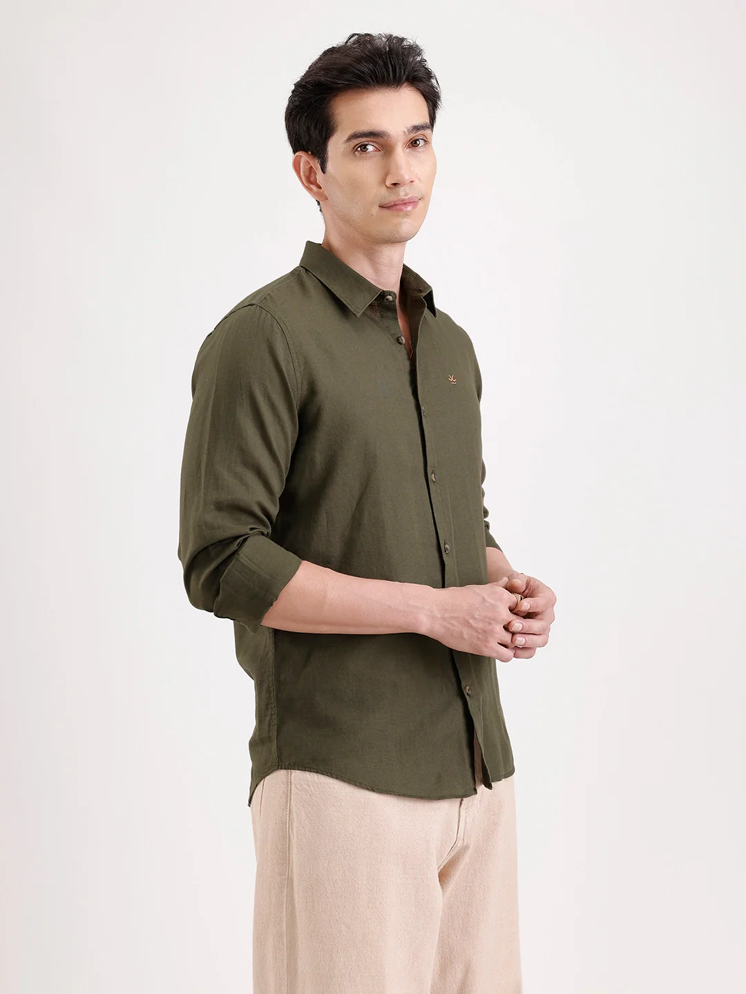Solid Slim Fit Linen Blend Shirt  | Olive - Image 6