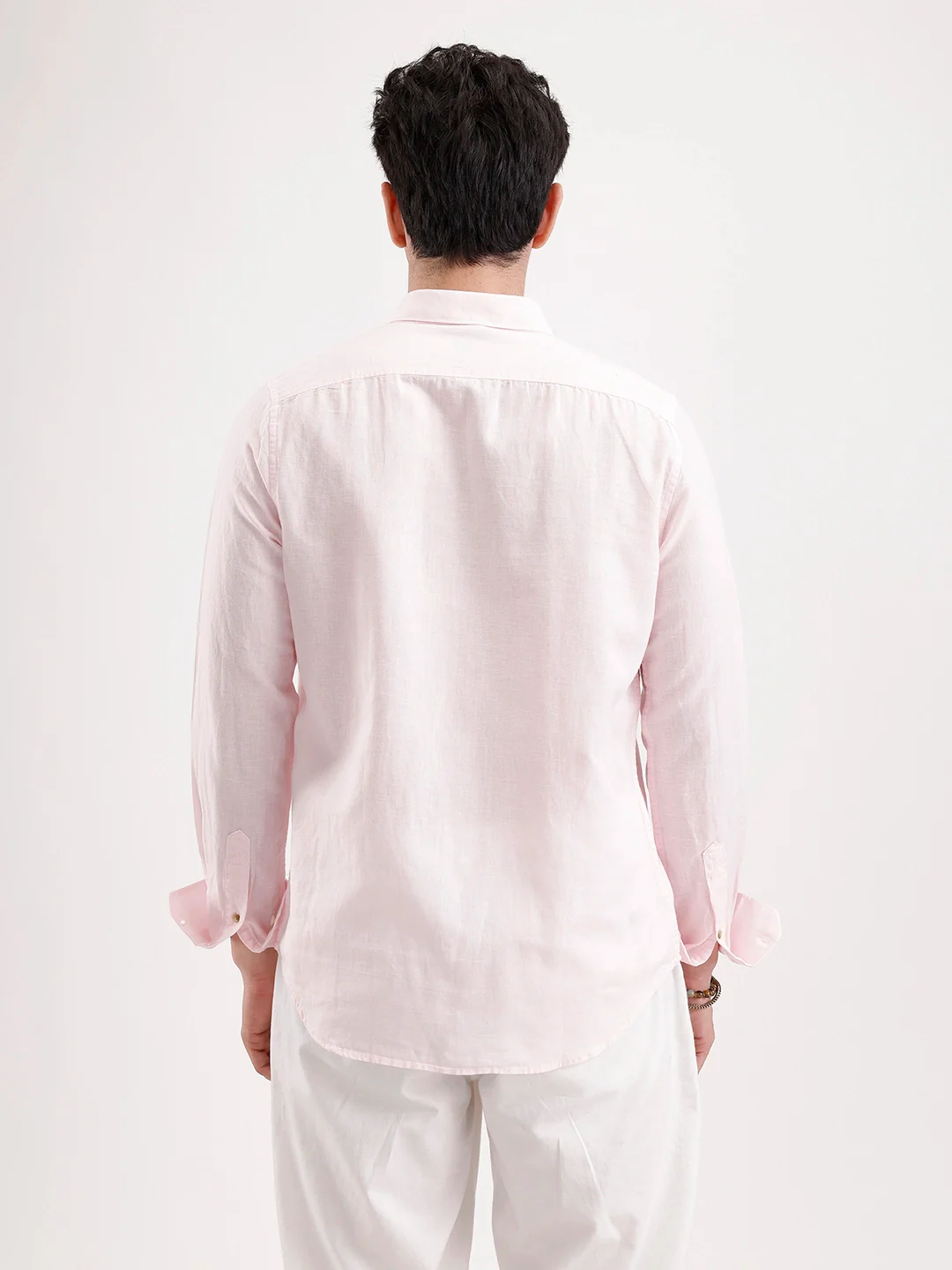 Solid Slim Fit Linen Blend Shirt | Pink - Image 3