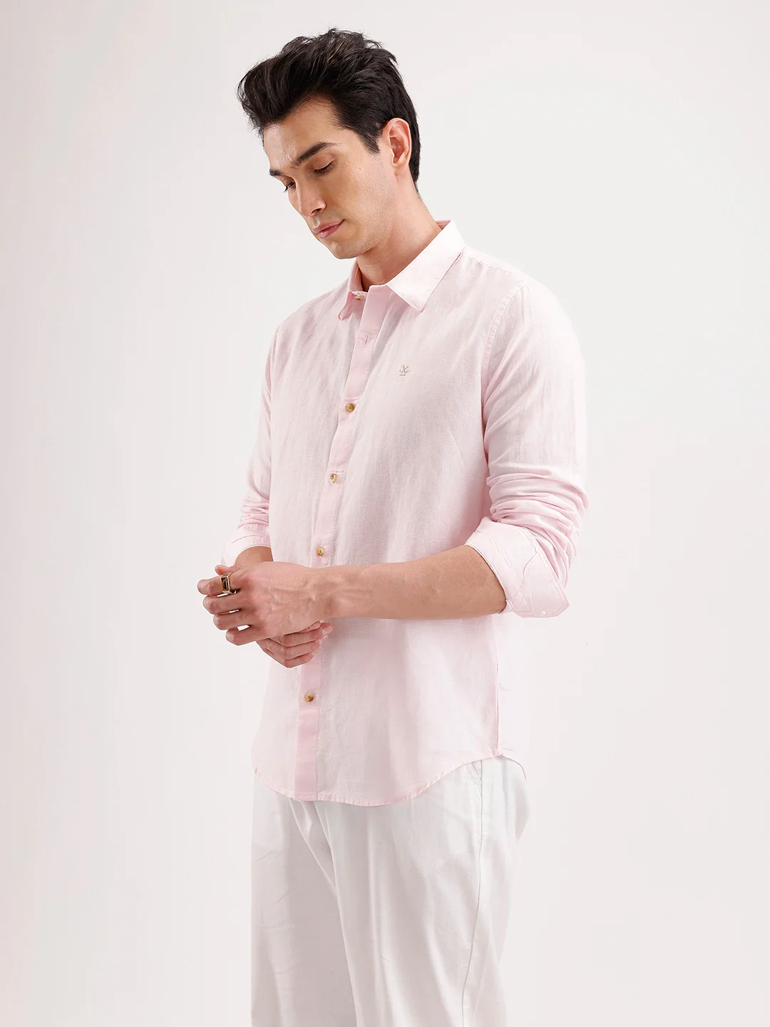 Solid Slim Fit Linen Blend Shirt | Pink - Image 4