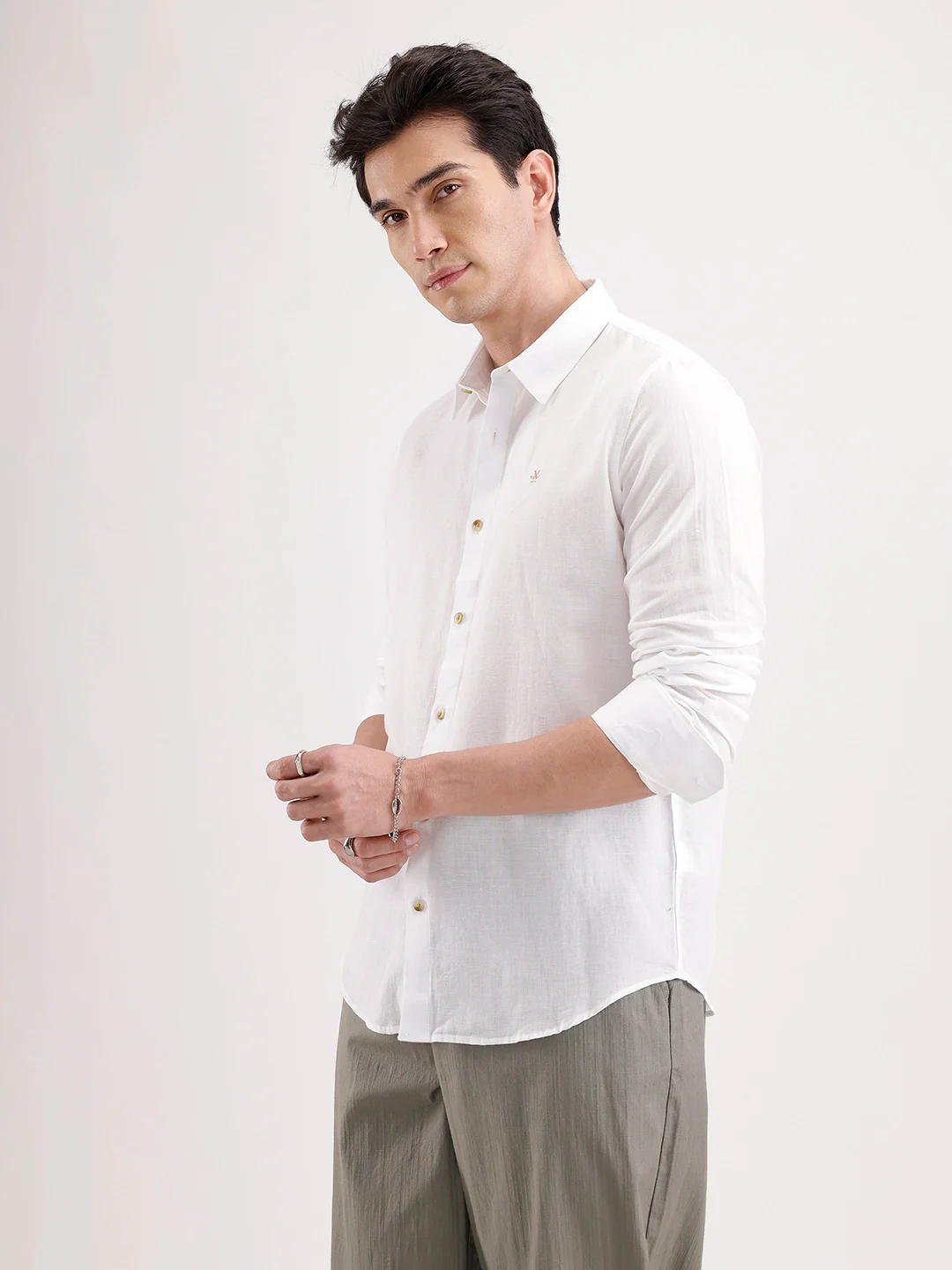 Solid Slim Fit Linen Blend Shirt  | White - Image 4