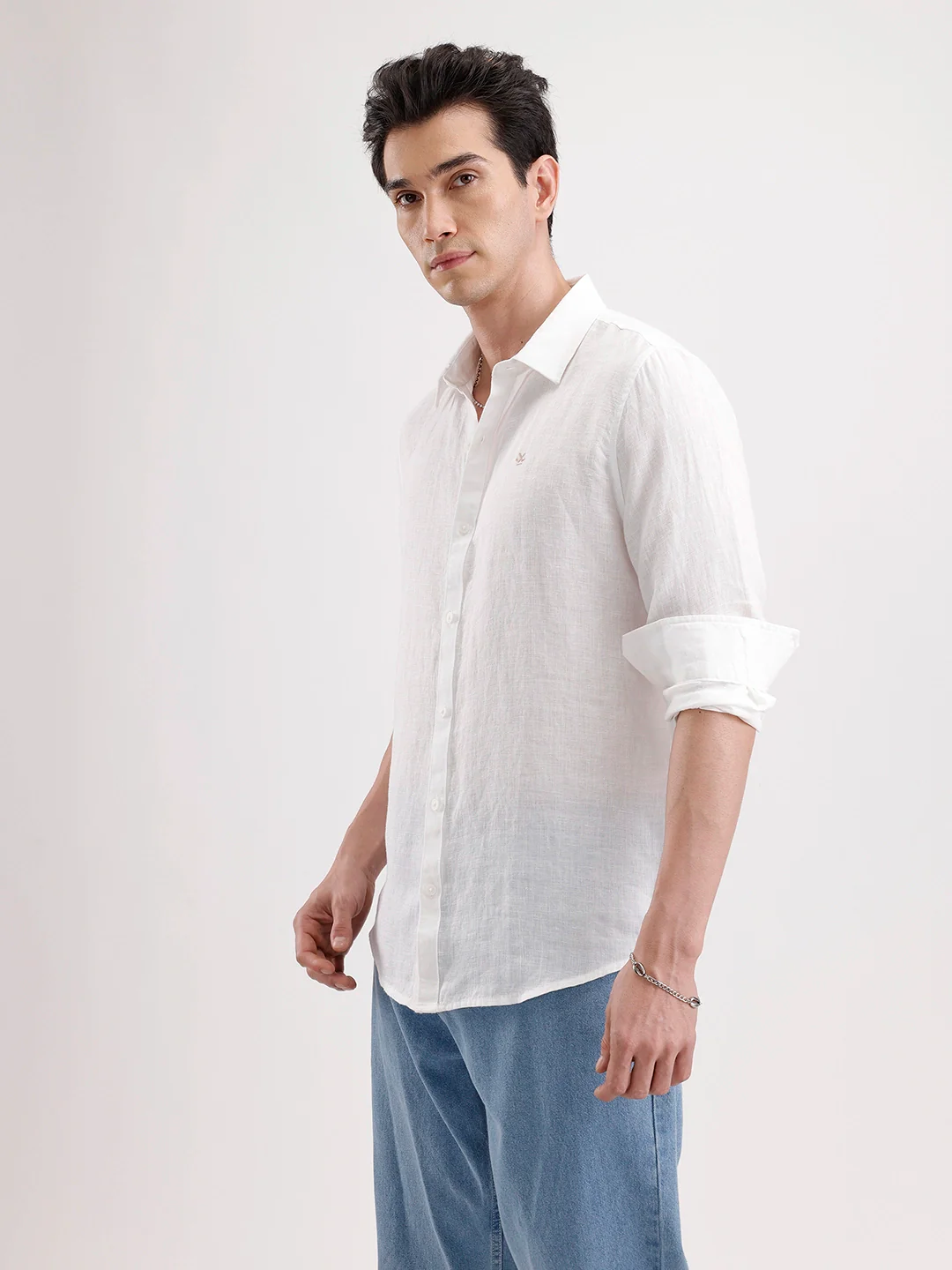 Solid 100% Linen Slim Fit Shirt | White - Image 4