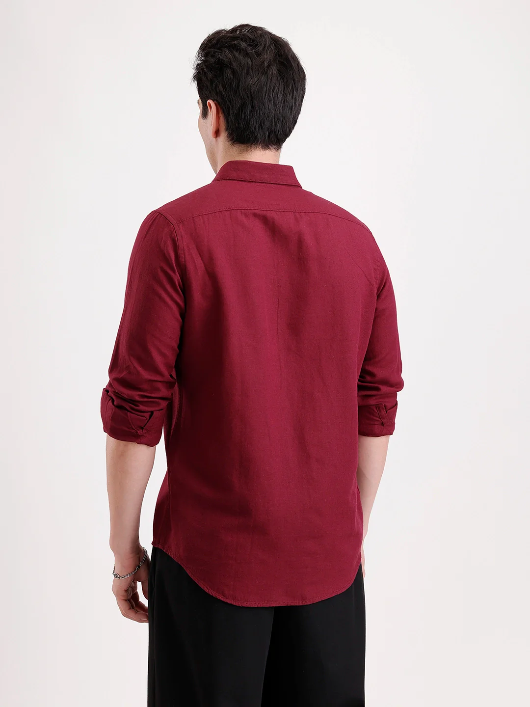 Solid Slim Fit Linen Blend Shirt | Wine - Image 3