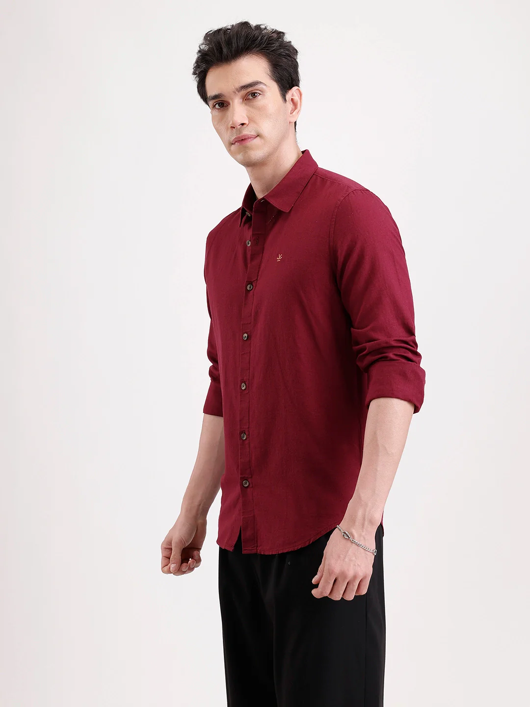 Solid Slim Fit Linen Blend Shirt | Wine - Image 4