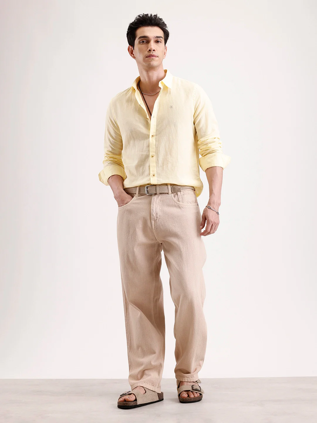 Solid Slim Fit Linen Blend Shirt | Yellow - Image 2
