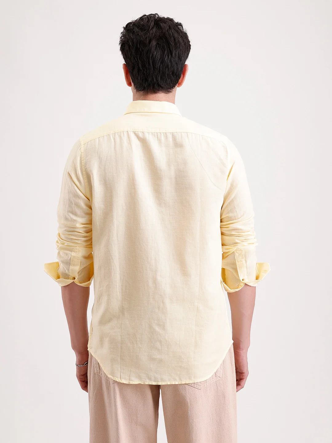 Solid Slim Fit Linen Blend Shirt | Yellow - Image 3