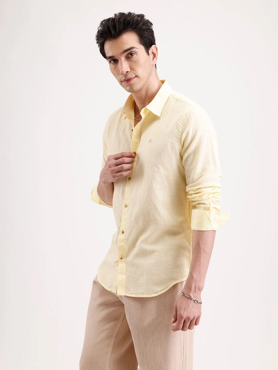 Solid Slim Fit Linen Blend Shirt | Yellow - Image 4