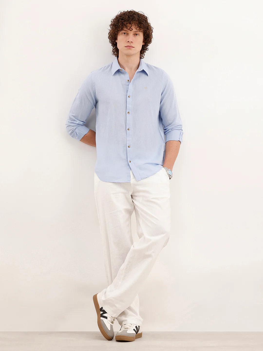 Solid Slim Fit Linen Shirt  | Blue - Image 2