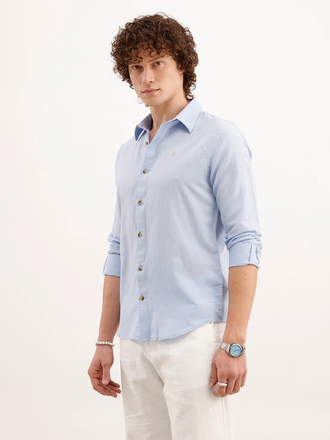 Solid Slim Fit Linen Shirt  | Blue - Image 4