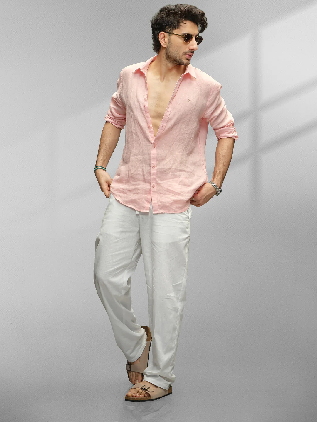 Solid 100% Linen Slim Fit Shirt | Pink - Image 2
