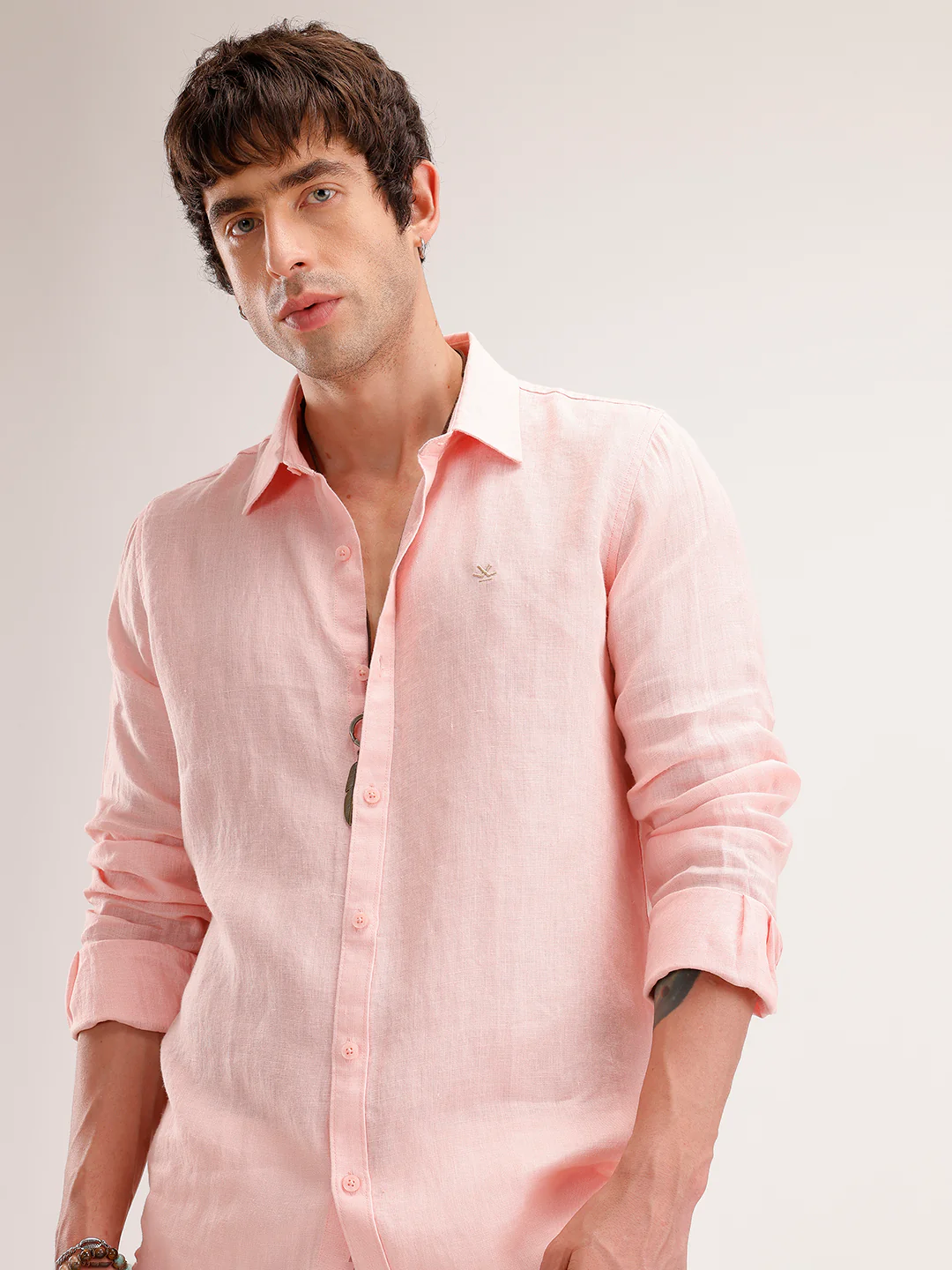Solid 100% Linen Slim Fit Shirt | Pink - Image 3
