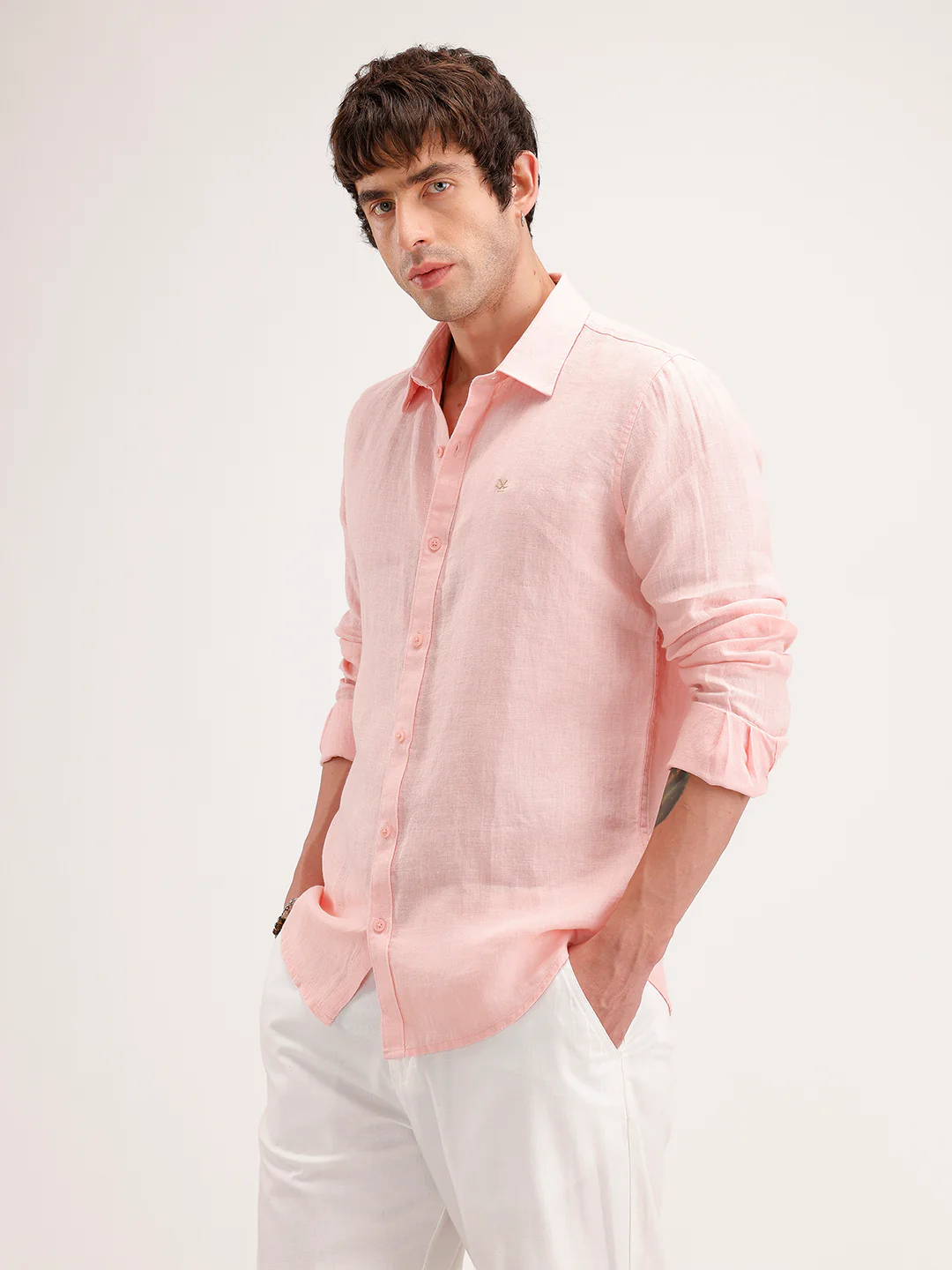 Solid 100% Linen Slim Fit Shirt | Pink - Image 6