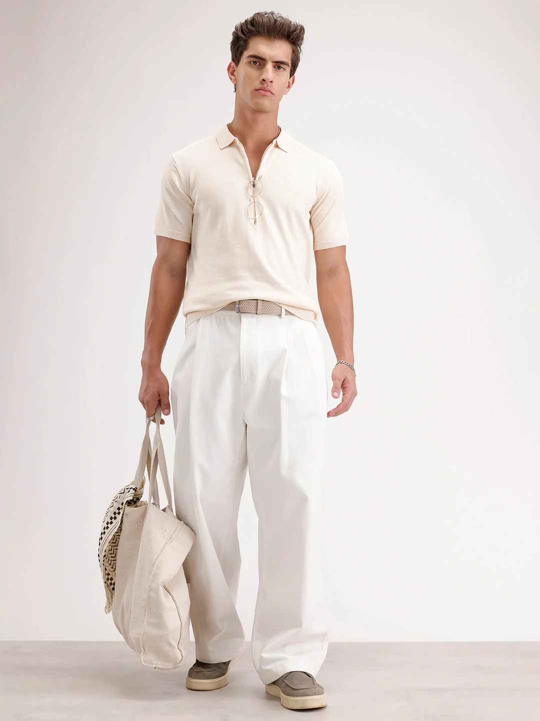 Slim Fit Flat Knit Polo T-Shirt | Beige - Image 2