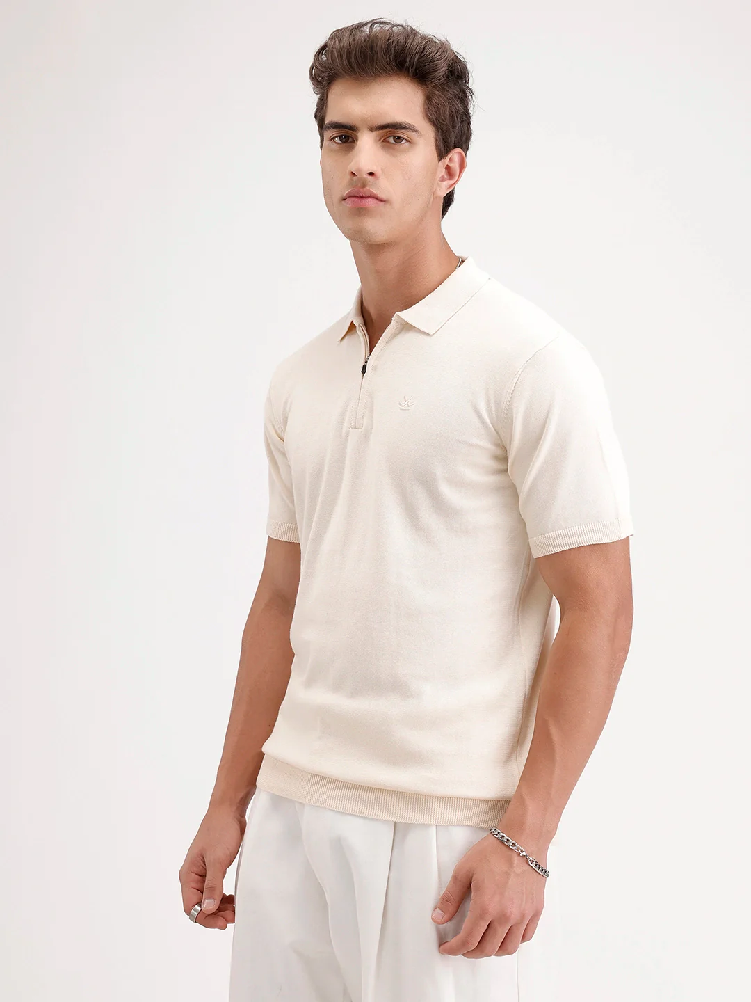Slim Fit Flat Knit Polo T-Shirt | Beige - Image 4
