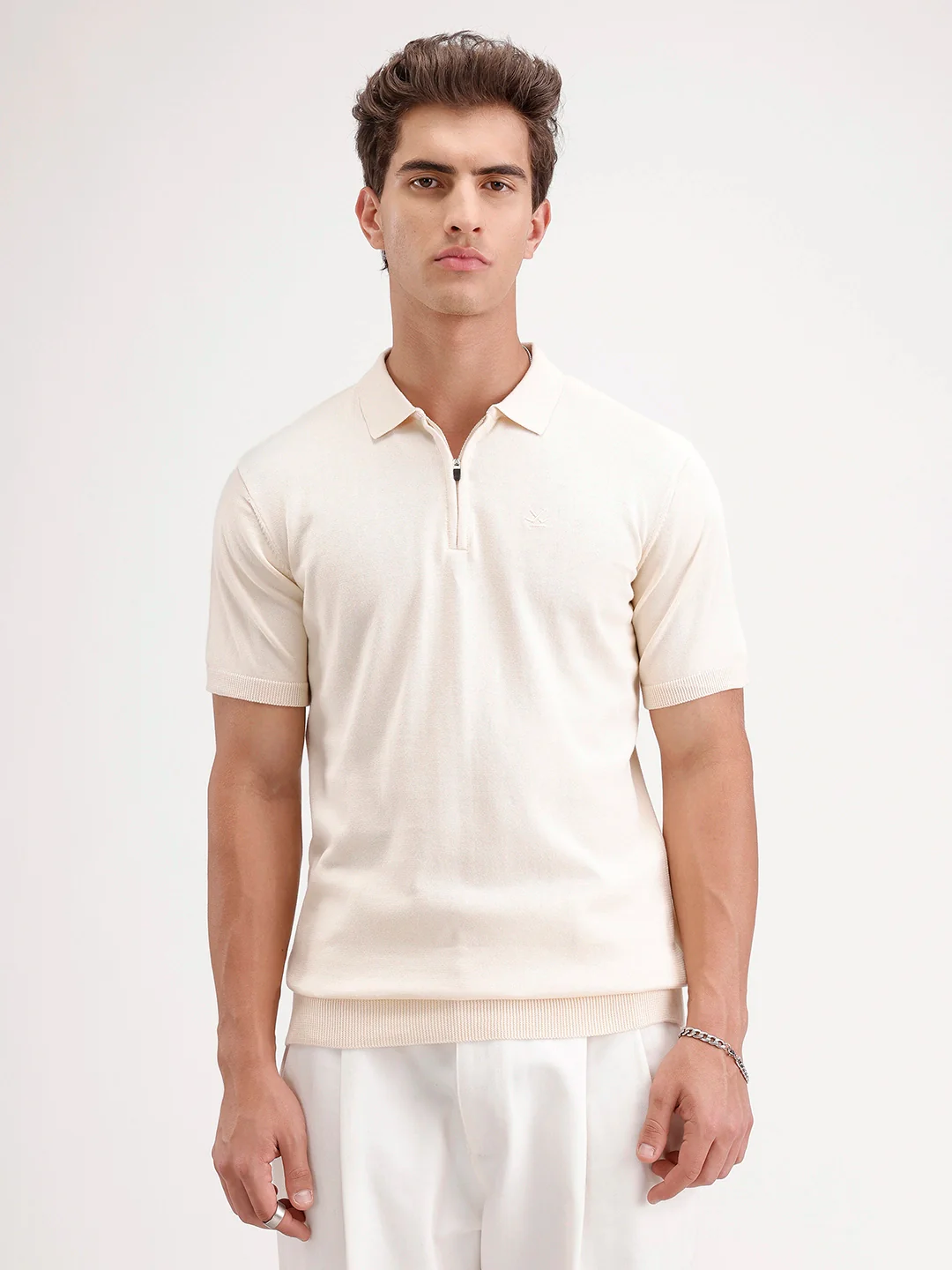 Slim Fit Flat Knit Polo T-Shirt | Beige - Image 8