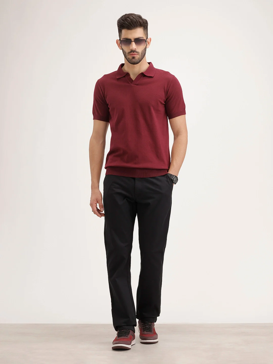 Slim Fit Flat Knit Polo T-Shirt | Maroon - Image 2