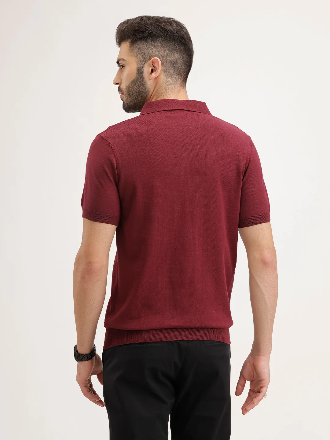 Slim Fit Flat Knit Polo T-Shirt | Maroon - Image 3