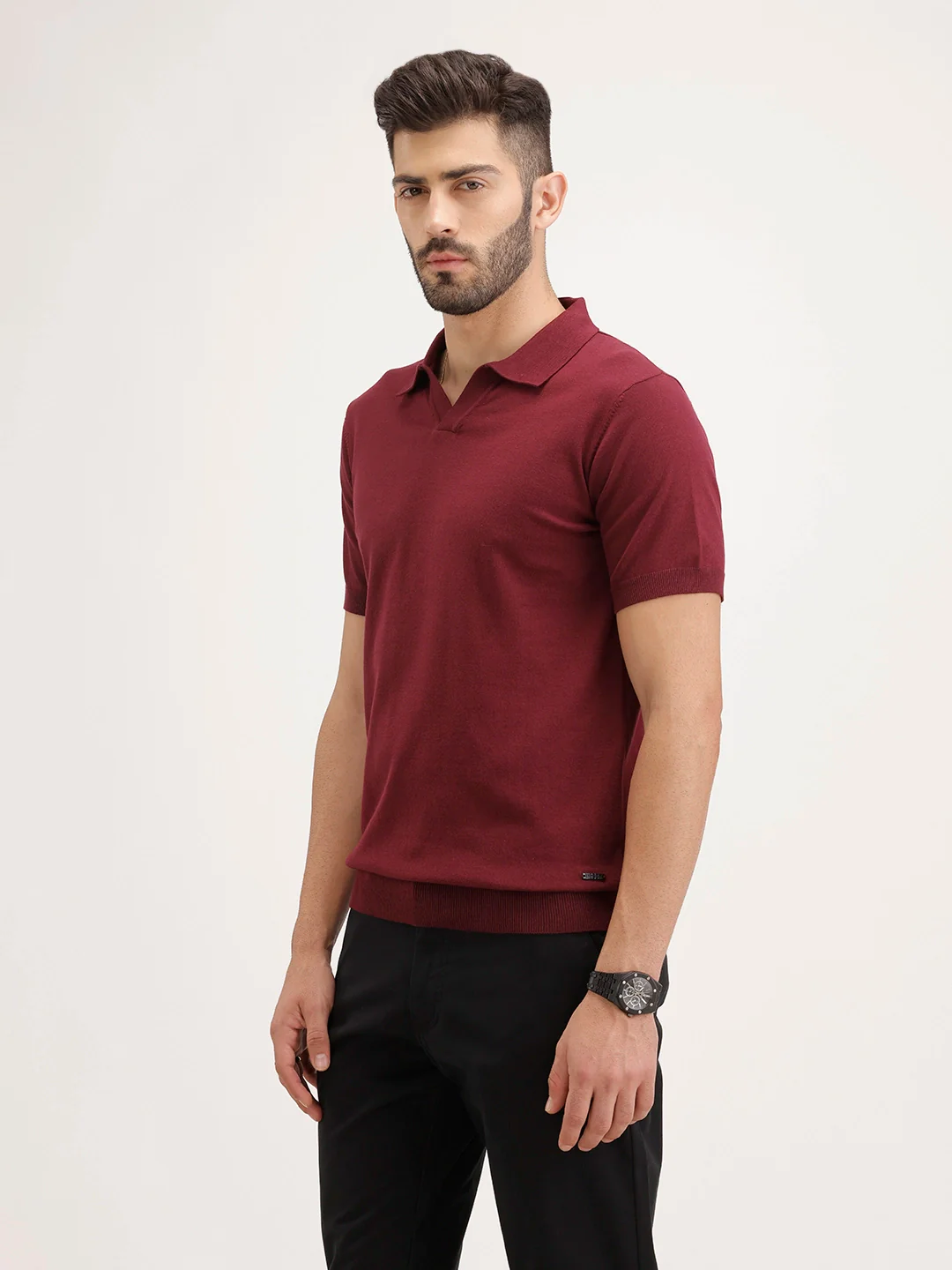 Slim Fit Flat Knit Polo T-Shirt | Maroon - Image 4
