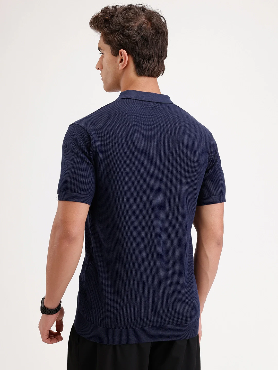 Slim Fit Flat Knit Polo T-Shirt | Navy - Image 3