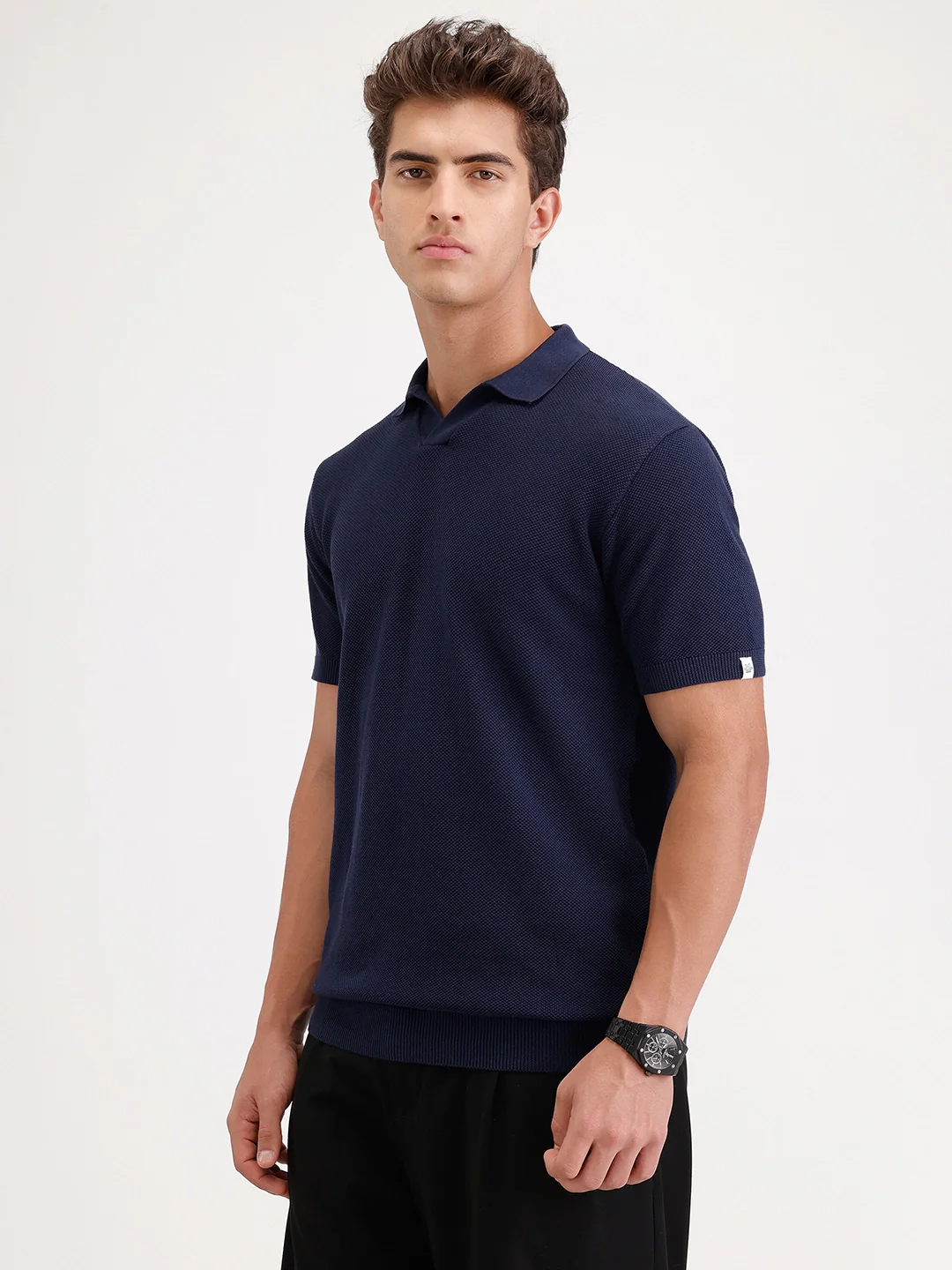 Slim Fit Flat Knit Polo T-Shirt | Navy - Image 4