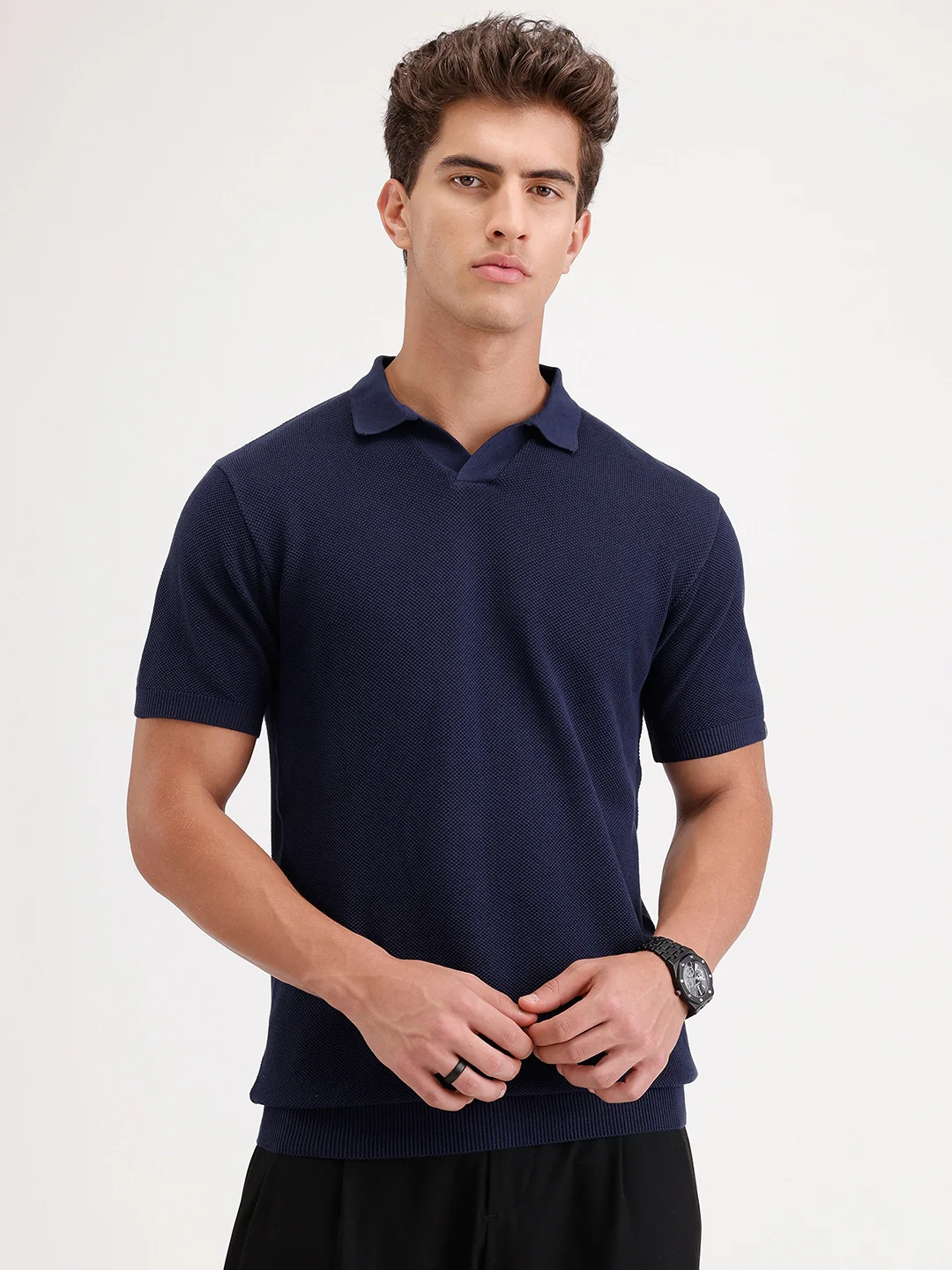 Slim Fit Flat Knit Polo T-Shirt | Navy - Image 7