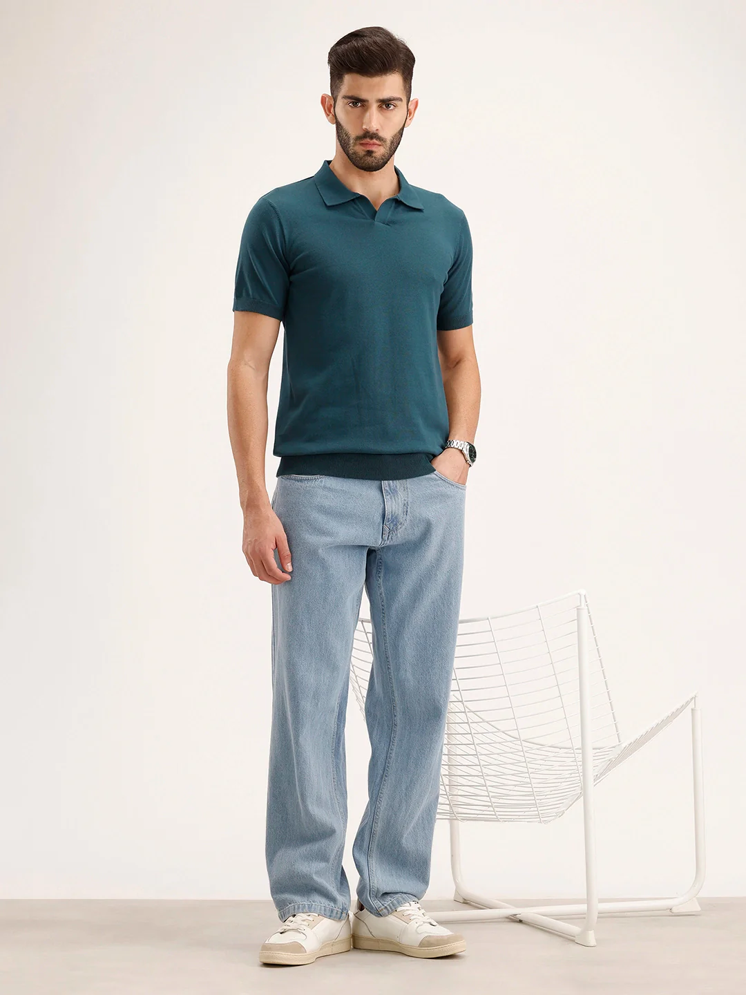 Slim Fit Flat Knit Polo T-Shirt | Teal - Image 2