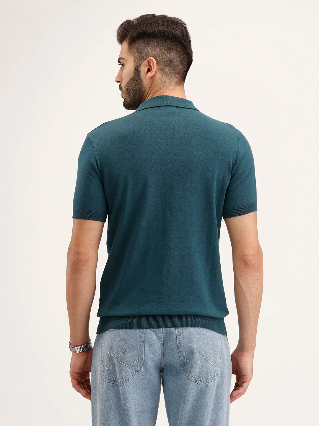 Slim Fit Flat Knit Polo T-Shirt | Teal - Image 3
