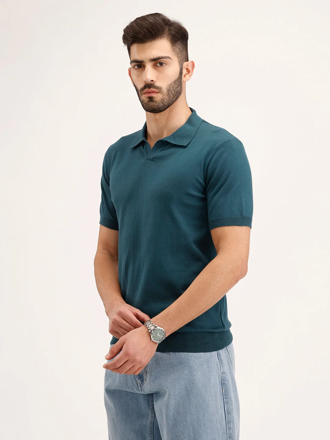 Slim Fit Flat Knit Polo T-Shirt | Teal - Image 4