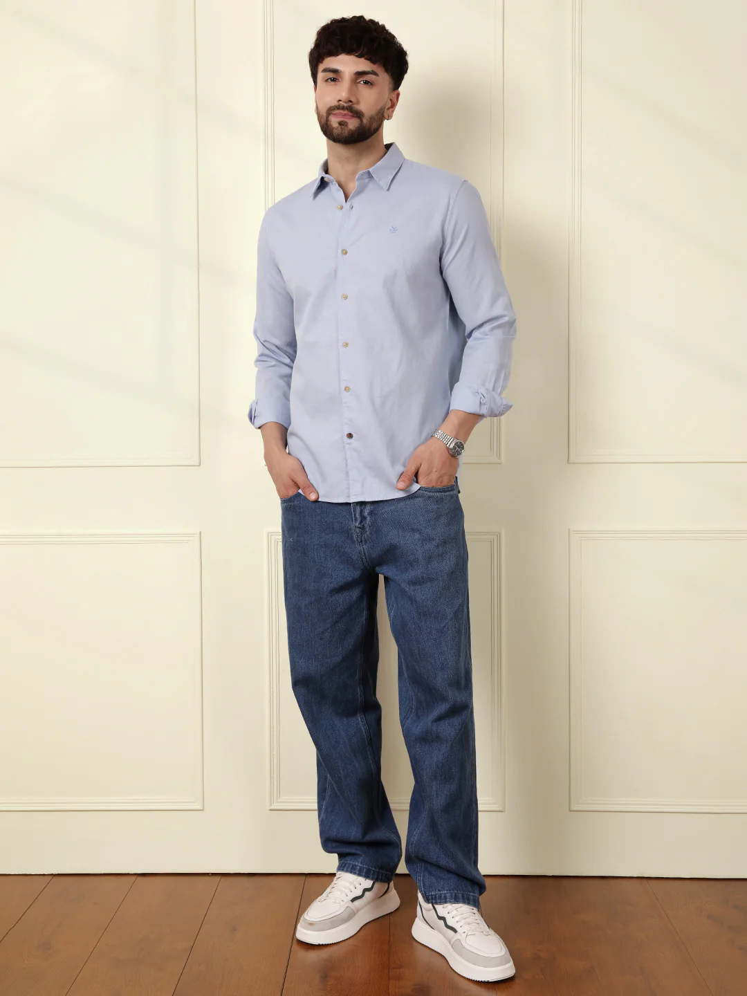 Solid Linen Blend Shirt | Blue - Image 3
