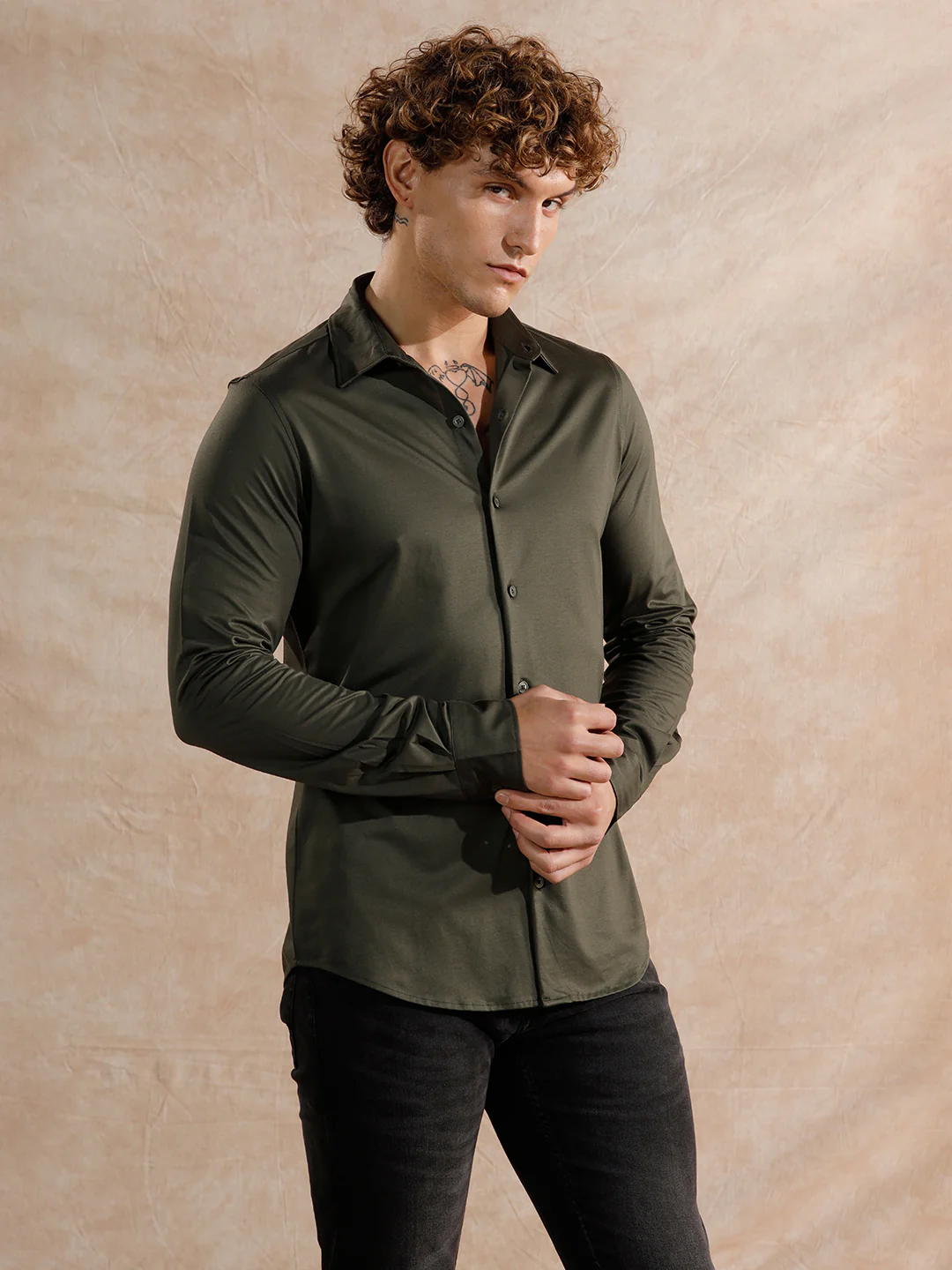 Solid Stretch Slim Fit Shirt | Olive - Image 4