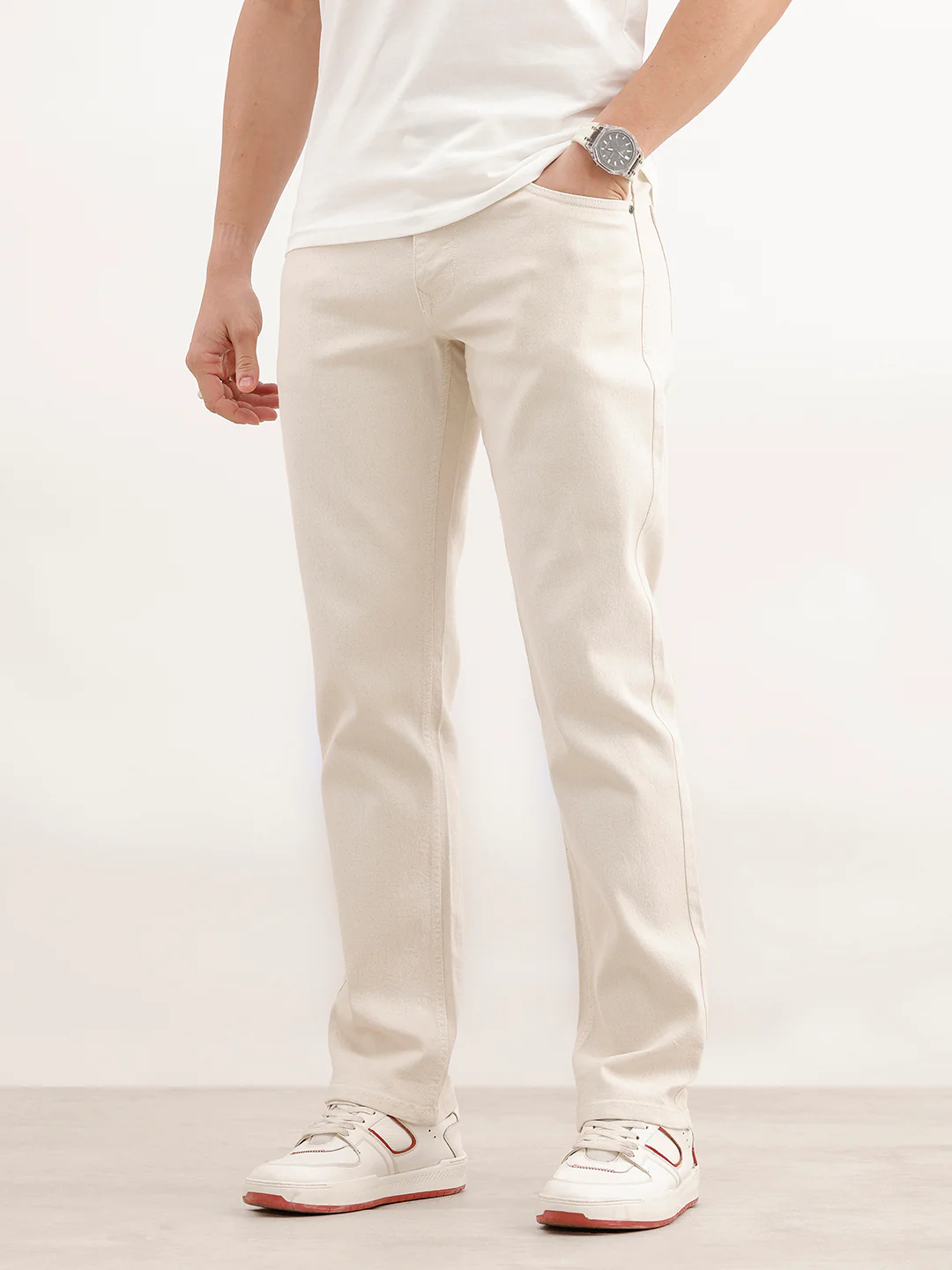 Solid Straight Fit Denim Jeans | Ecru - Image 4