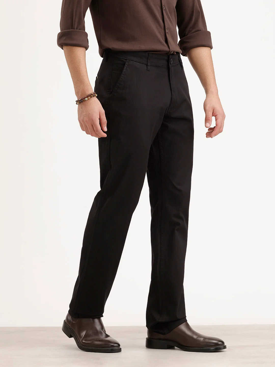 Solid Straight Fit Herringbone Trouser | Black - Image 4